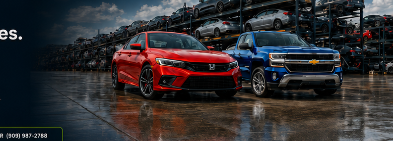 Red Honda sedan and blue Chevrolet pickup at an organized automotive recycling yard at dusk
